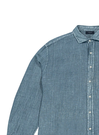 camisa lino azul manga derecha